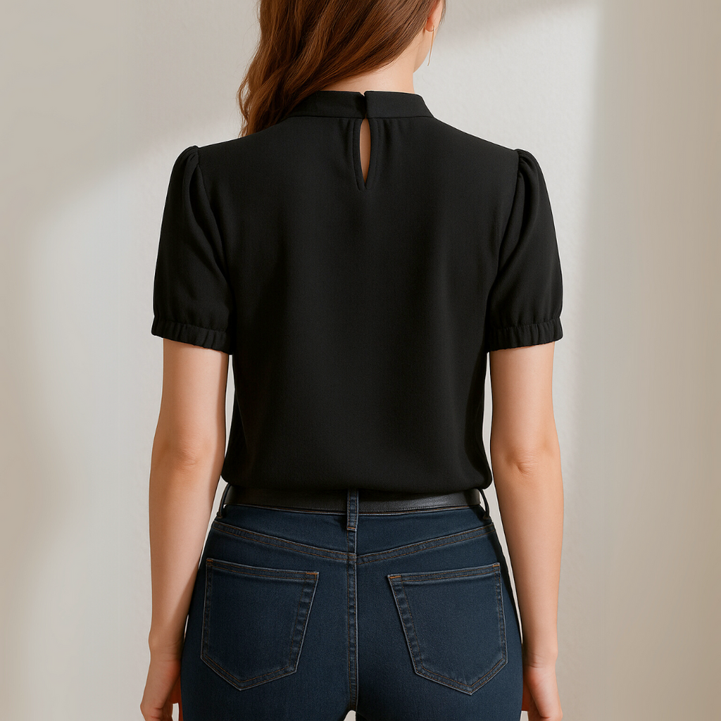 Evelia - Black pleated blouse with slit sleeves